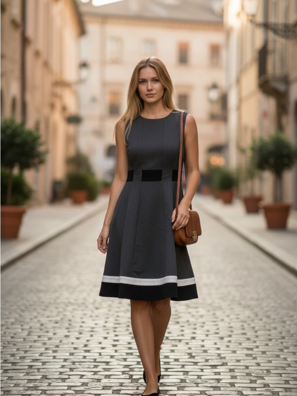 Calvin Klein Sleeveless Dark Gray Midi Dress with White & Black Accents